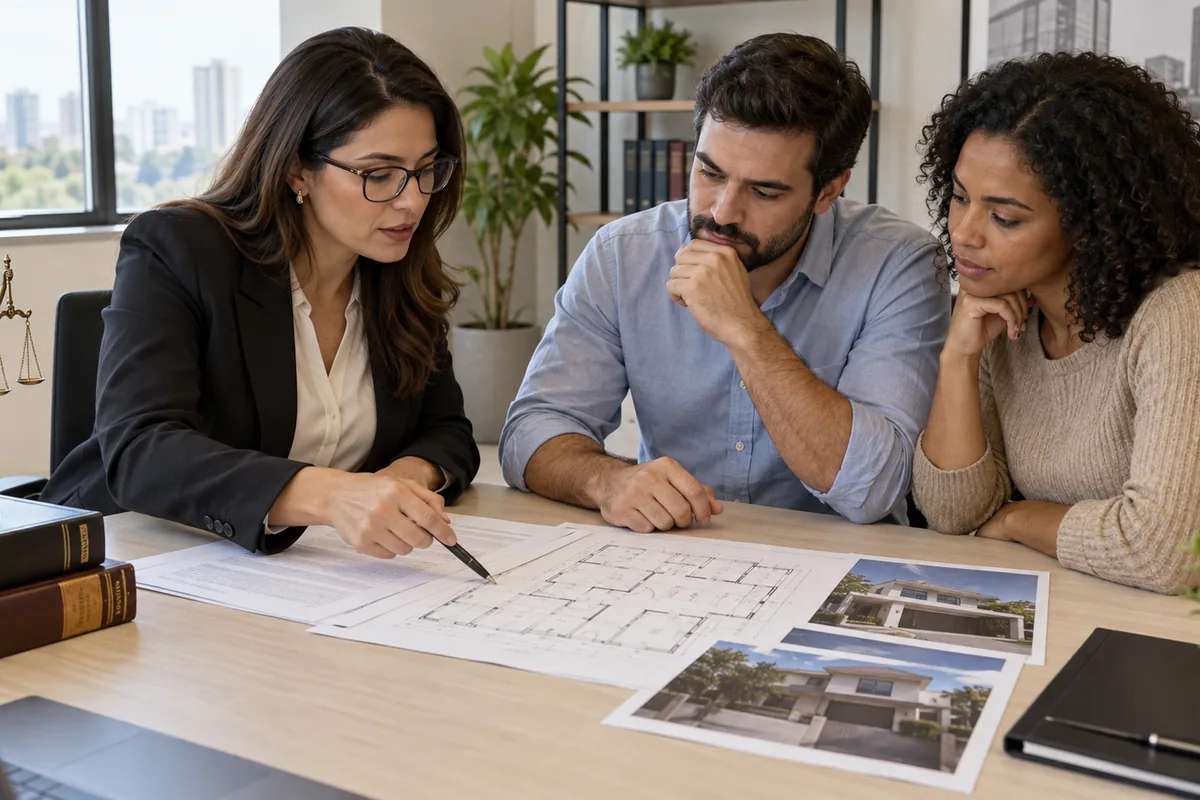 Advogada analisa matrícula, planta e fotografias de imóvel com proprietários