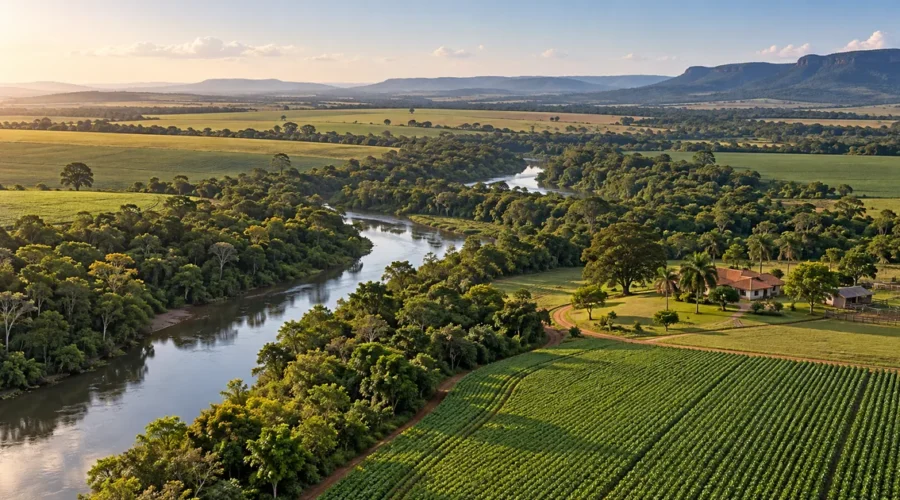 Propriedade rural com produção, mata ciliar e vegetação protegida
