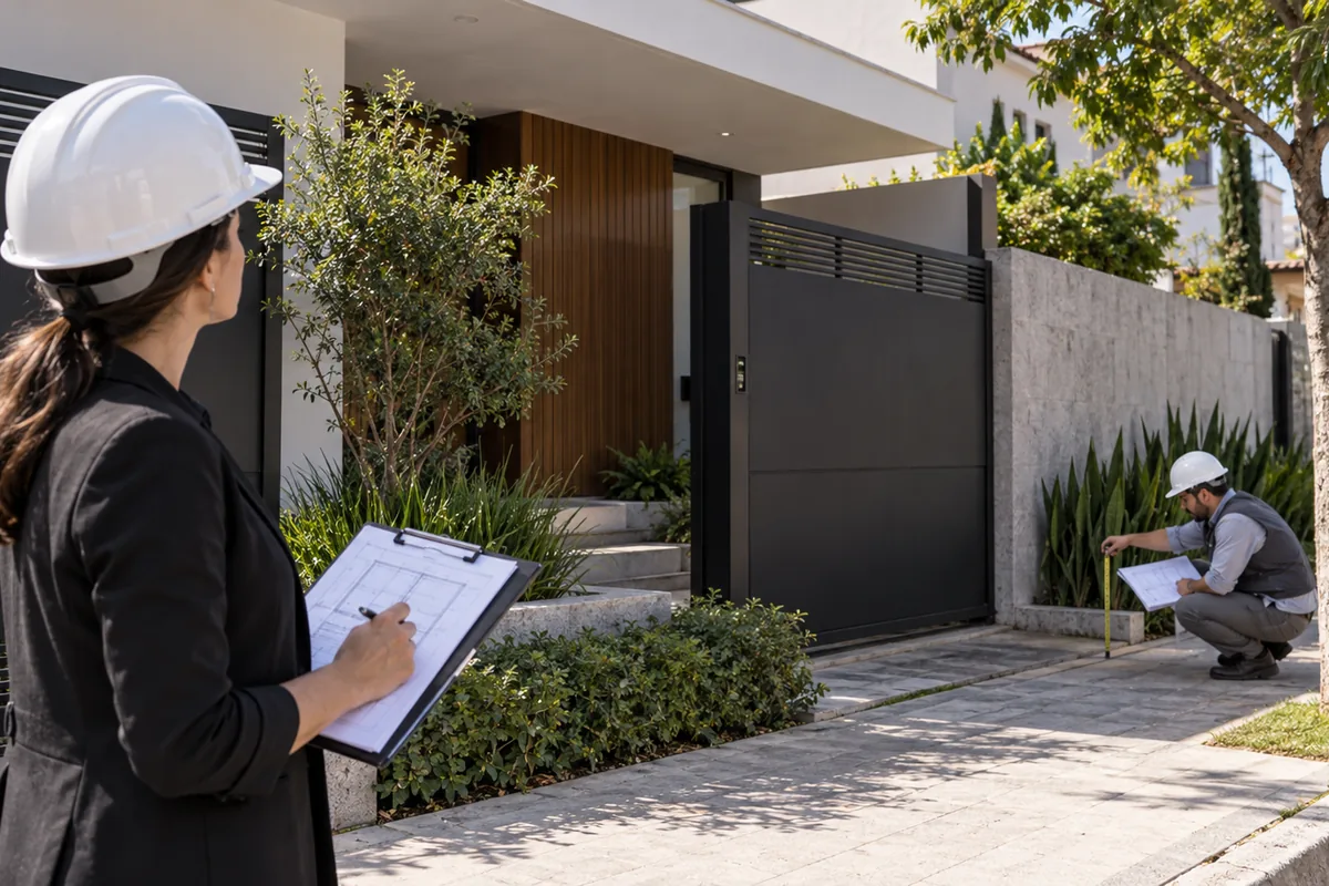 Profissionais conferem fachada, recuos e planta de casa urbana