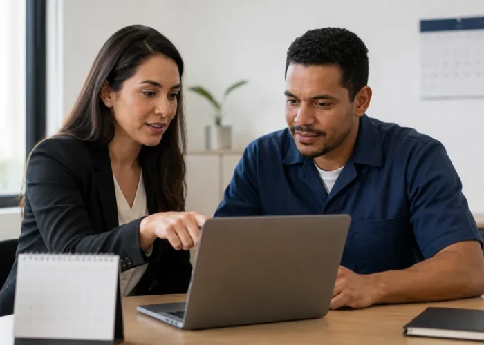 Profissional e trabalhador revisam cadastro de emprego