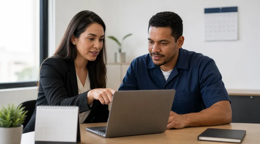Profissional e trabalhador revisam cadastro de emprego