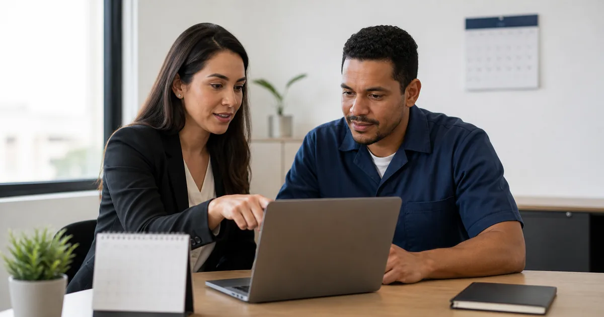 Profissional e trabalhador revisam cadastro de emprego