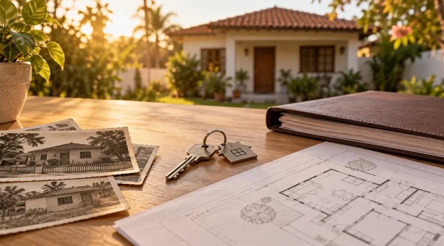 Casa, chave, planta e documentos de registro para regularizar imóvel por usucapião