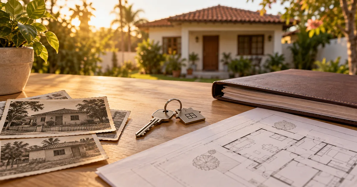 Casa, chave, planta e documentos de registro para regularizar imóvel por usucapião