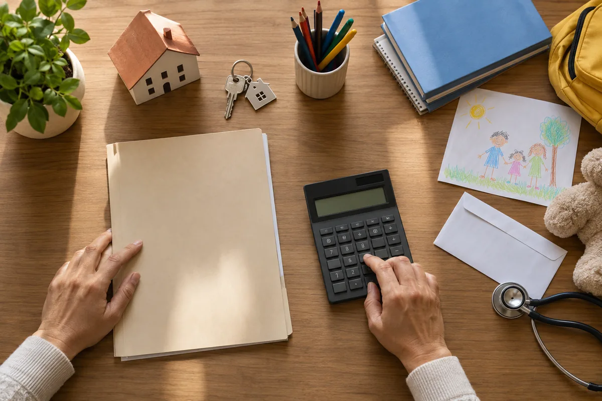 Documentos de imóvel ao lado de materiais escolares e de saúde