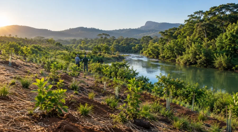 Área ciliar em recuperação com mudas nativas e vegetação consolidada