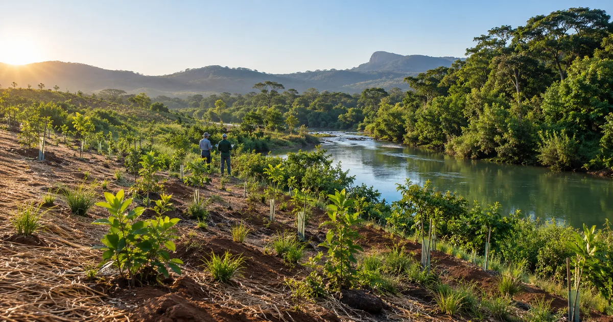 Área ciliar em recuperação com mudas nativas e vegetação consolidada