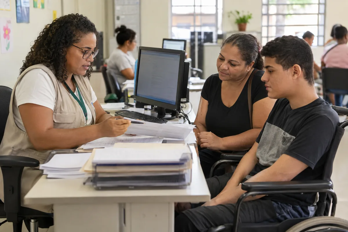 Assistente social confere Cadastro Único com família de pessoa com deficiência
