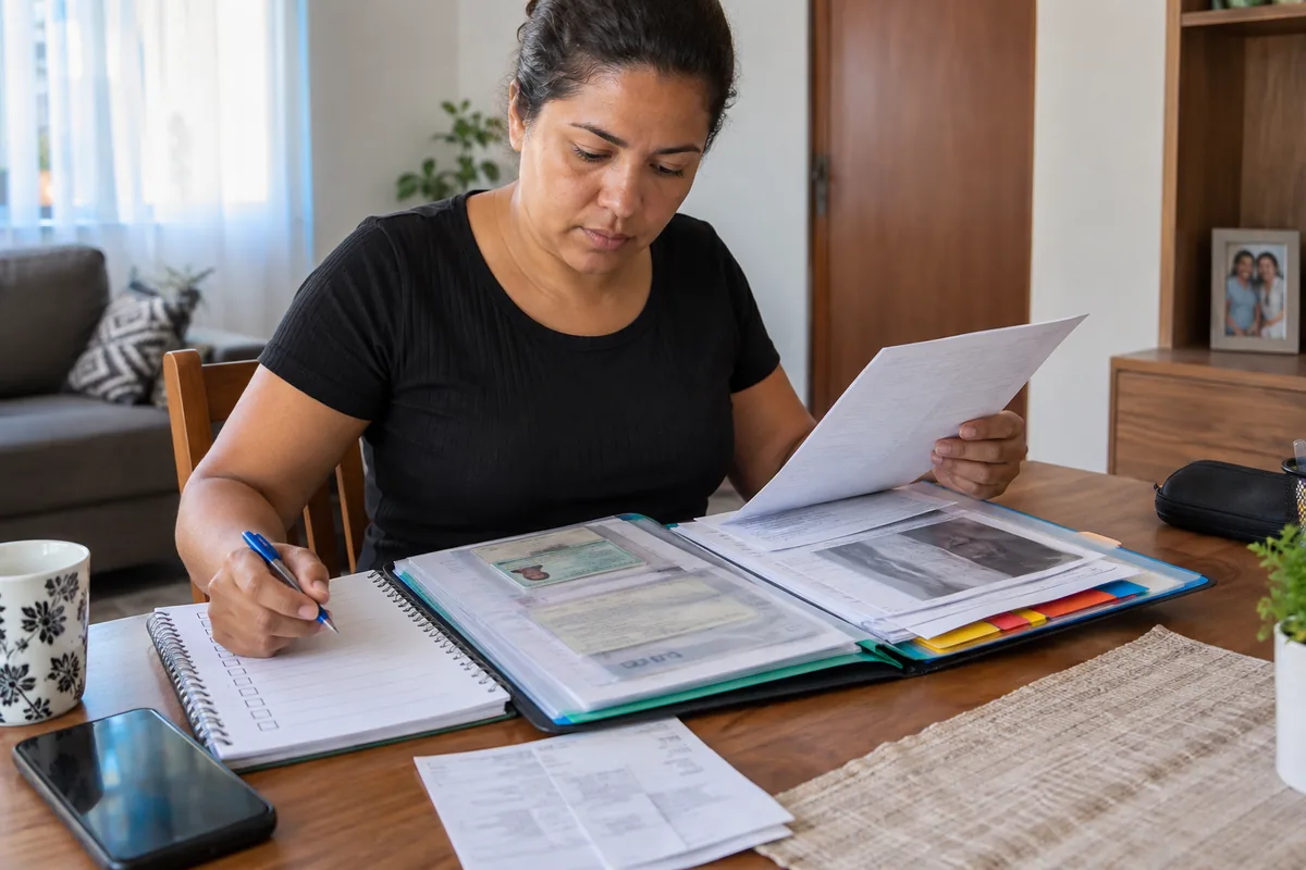 Mulher organiza documentos e checklist para requerer o BPC LOAS