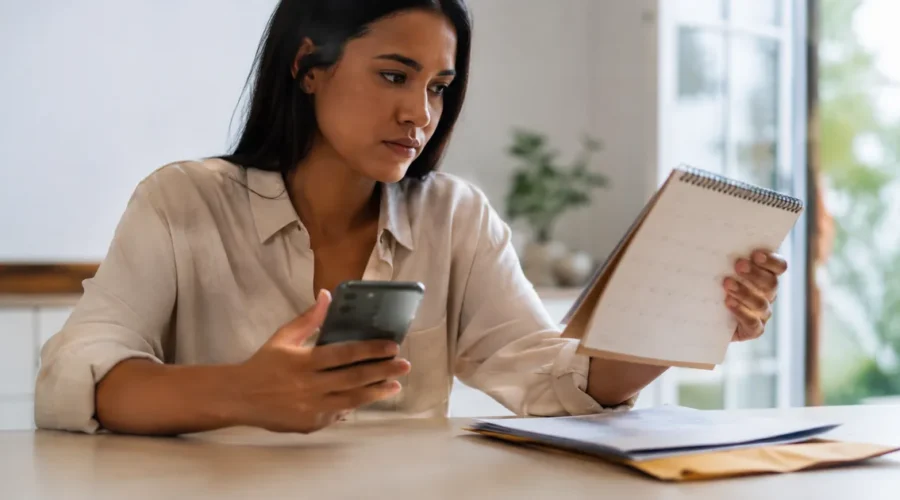 Trabalhadora confere calendário e celular após rescisão não paga