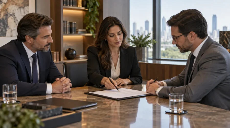 Advogada acompanha assinatura de encerramento contratual entre empresários