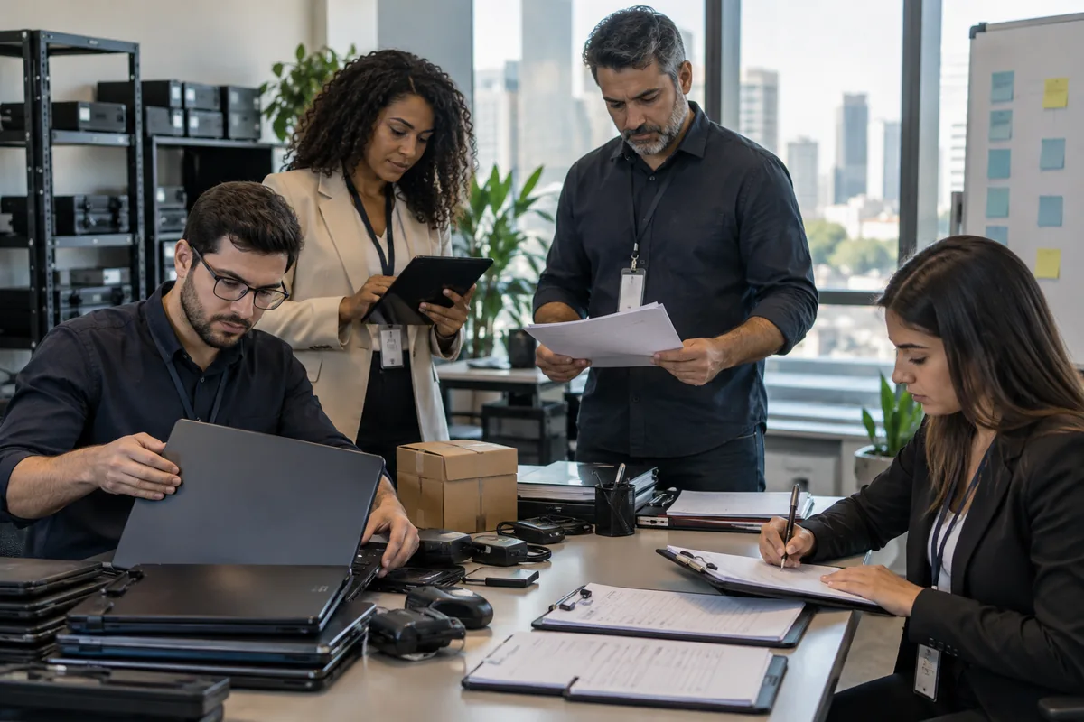 Equipe confere equipamentos acessos e documentos durante transição contratual