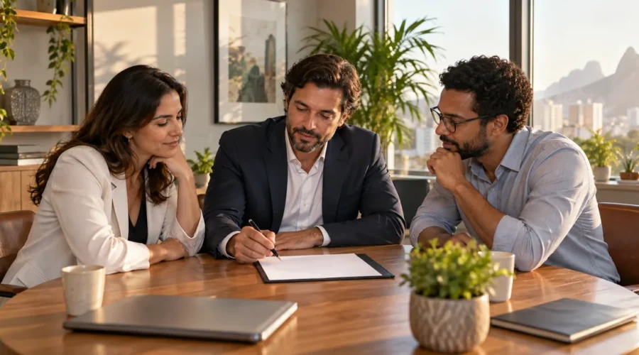 Três sócios analisam juntos um acordo para encerrar a disputa