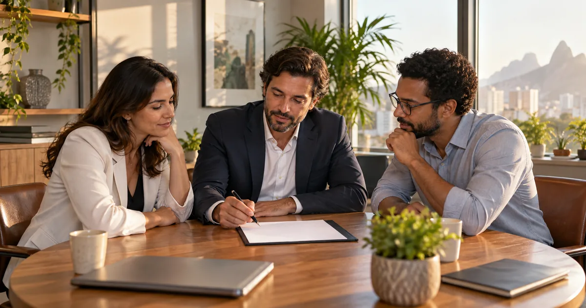 Três sócios analisam juntos um acordo para encerrar a disputa