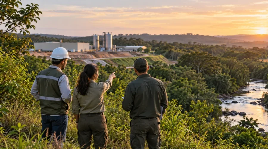 Equipe técnica observa instalação e área natural durante análise ambiental