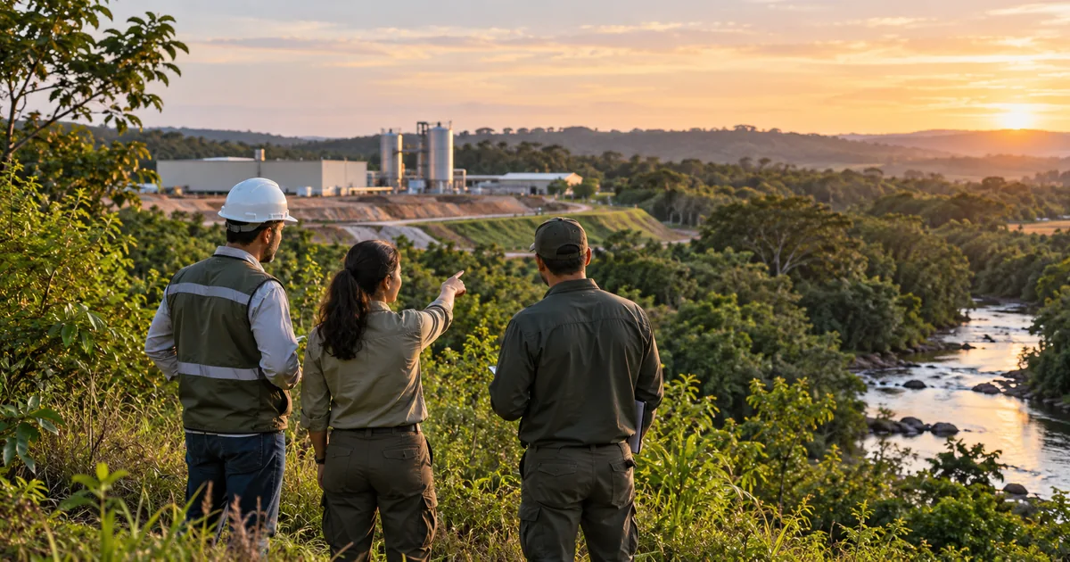 Equipe técnica observa instalação e área natural durante análise ambiental