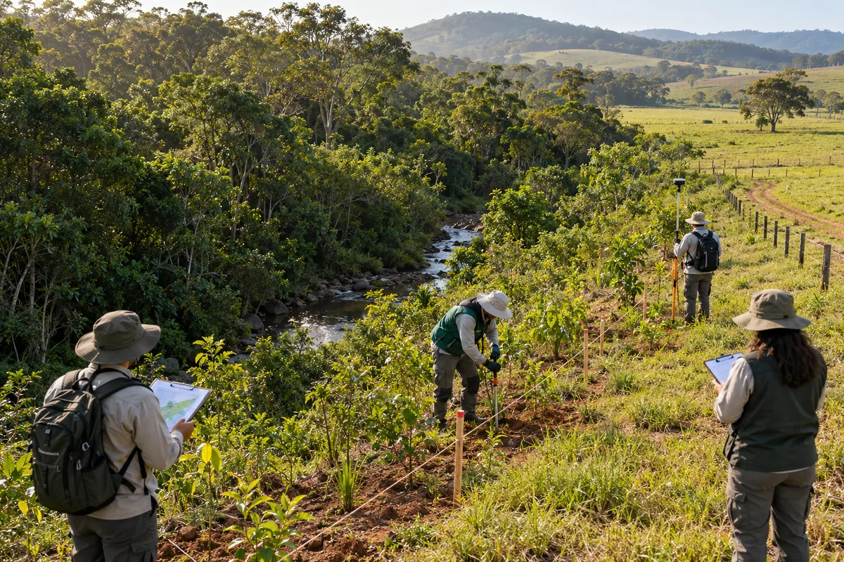 Equipe técnica acompanha restauração de área degradada junto a curso d água