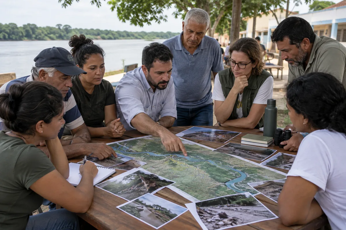 Moradores e especialistas analisam mapas e imagens de dano ambiental