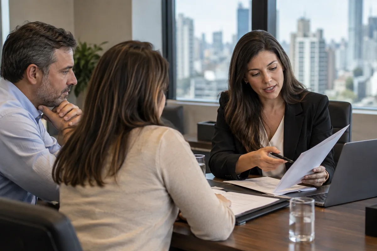 Advogada apresenta plano de trabalho a clientes em reunião reservada