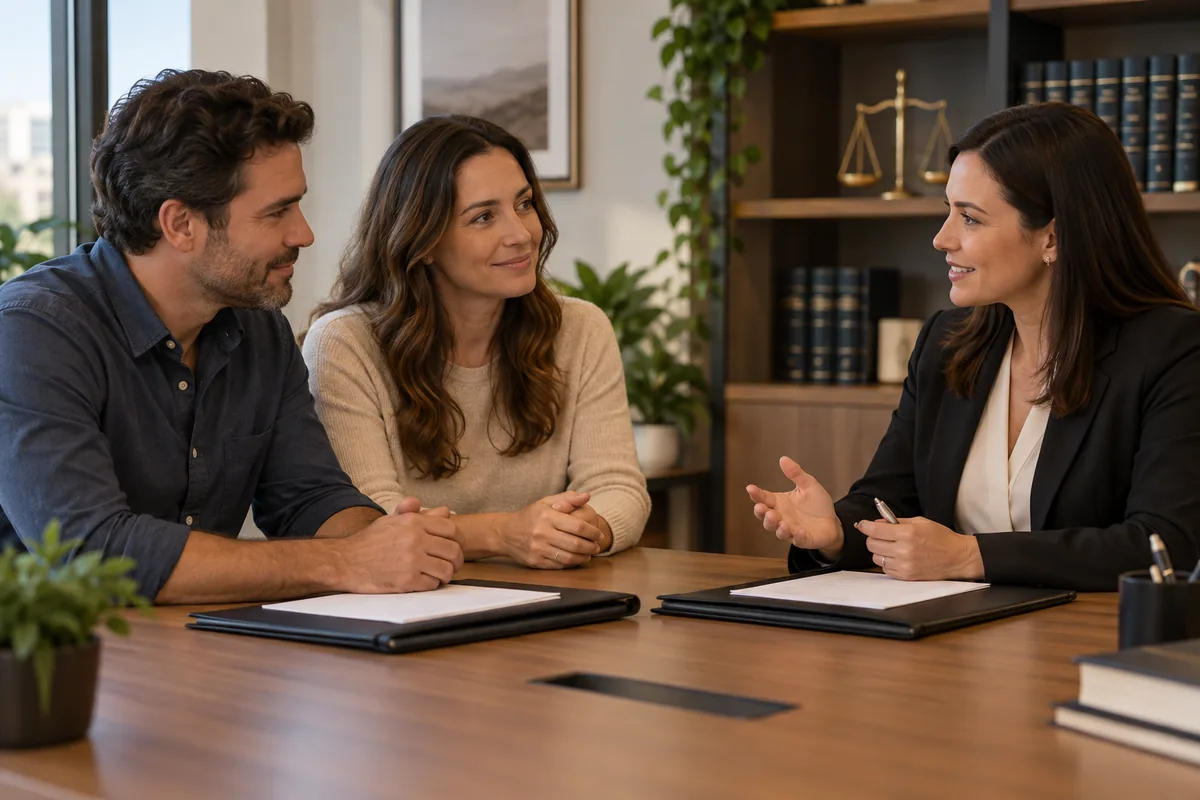 Casal conversa com advogada sobre decisões do divórcio
