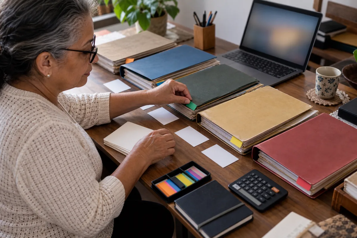 Aposentada organiza pastas antigas e registros de trabalho