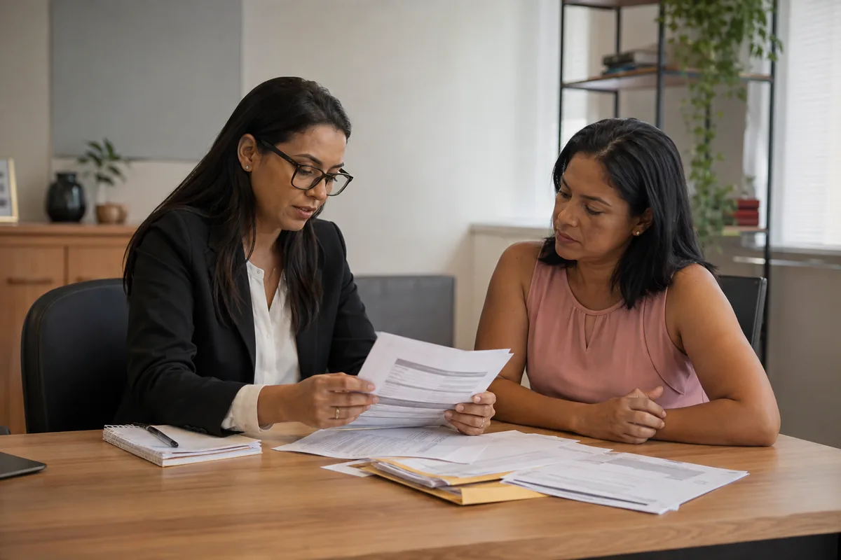 Advogada revisa documentos de rescisão com trabalhadora