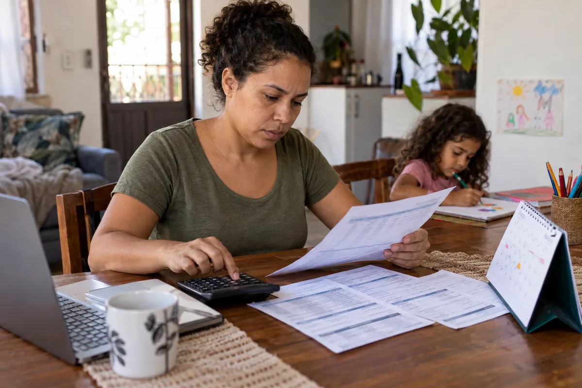 Mulher confere extratos mensais do benefício com calendário e calculadora