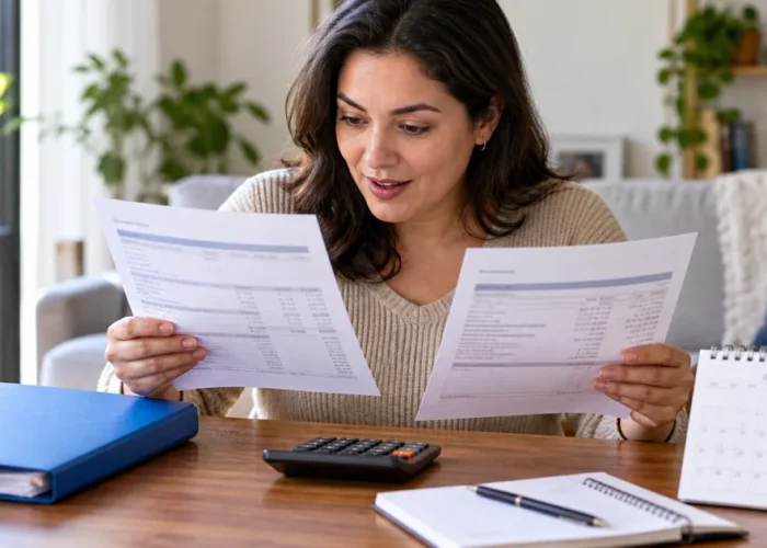 Mulher compara dois extratos do benefício com calculadora e calendário