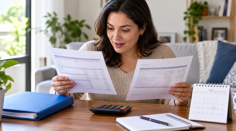 Mulher compara dois extratos do benefício com calculadora e calendário