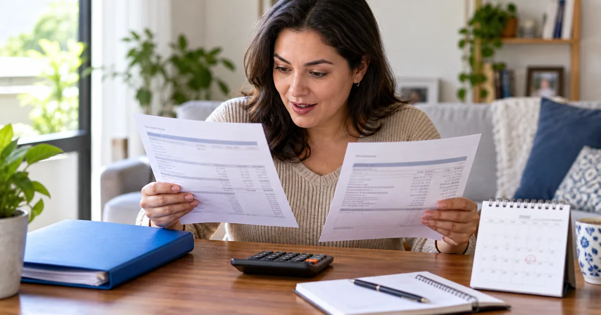 Mulher compara dois extratos do benefício com calculadora e calendário