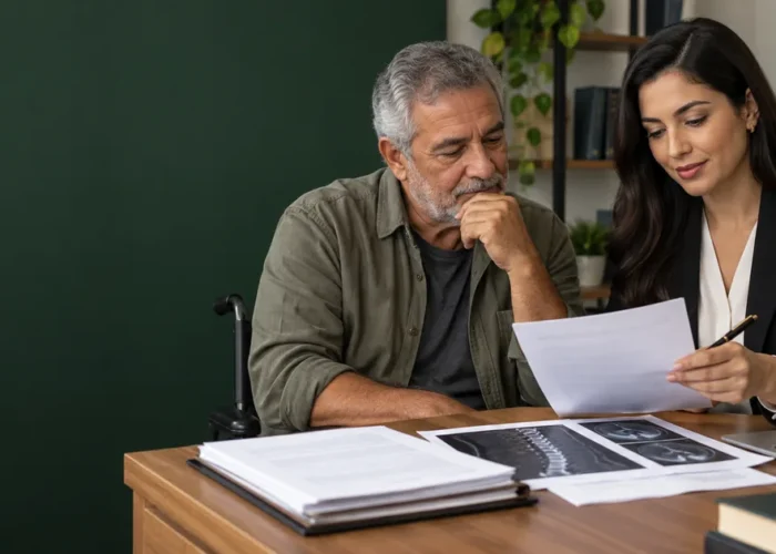 Beneficiário revisa documentos médicos com profissional jurídica