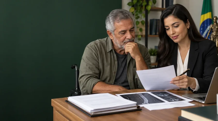 Beneficiário revisa documentos médicos com profissional jurídica