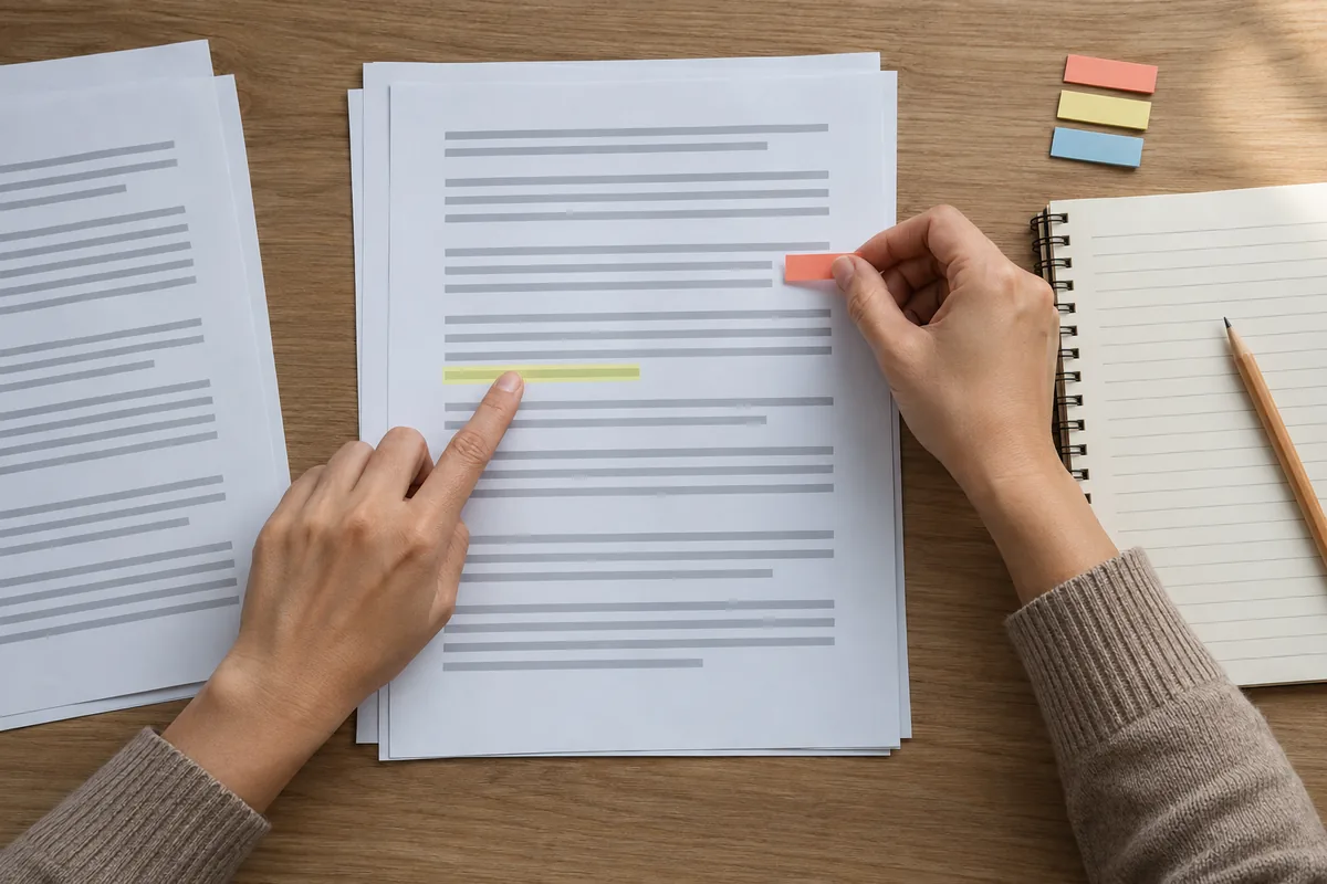 Mãos marcam cláusulas relevantes de um contrato de empréstimo
