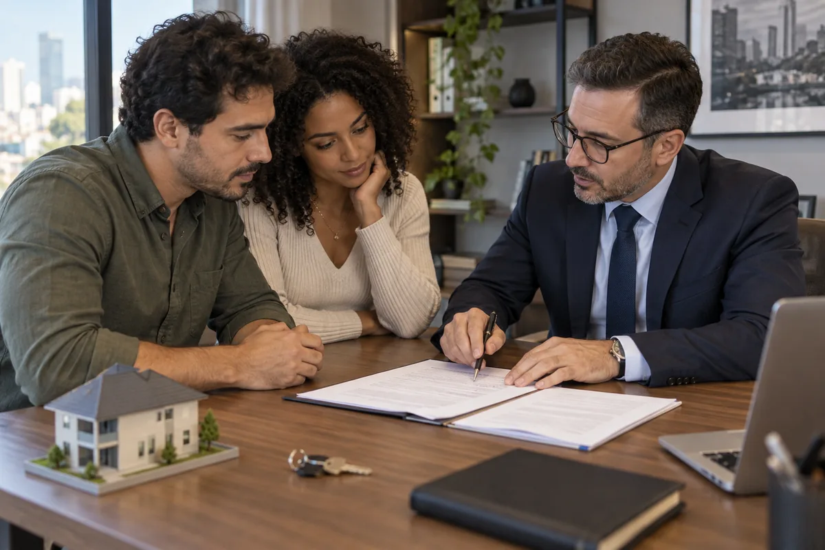 Casal revisando contrato de compra e venda de imóvel com advogado
