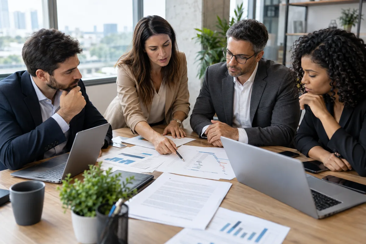 Equipe empresarial confere escopo, preço e prazo antes da assinatura
