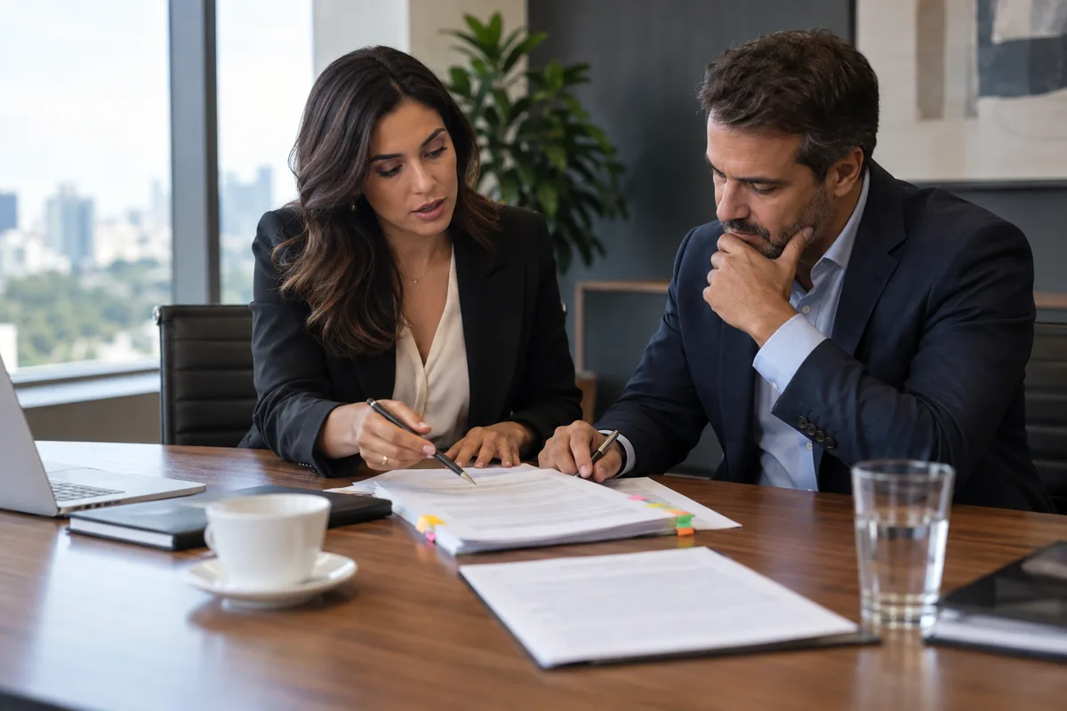 Advogada e gestor revisam cláusulas e riscos de contrato empresarial