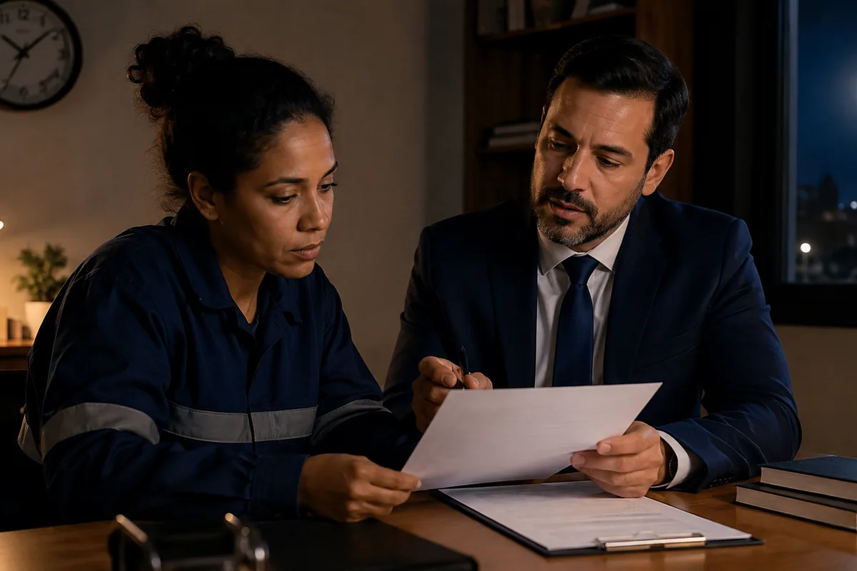 Trabalhadora confere ponto e holerite com advogado