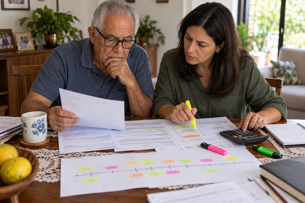 Aposentado e filha conferem carta, CNIS, calculadora e linha do tempo contributiva