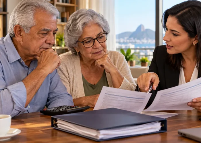 Casal aposentado confere cálculos previdenciários com uma advogada