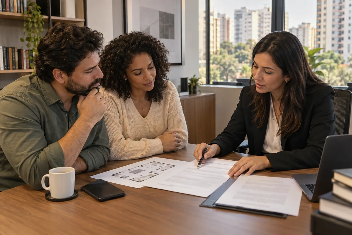 Advogada revisa a escritura de um imóvel com compradores