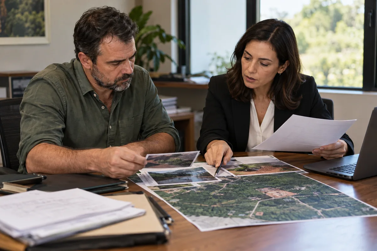 Empresário e advogada analisam auto, mapa e fotografias de fiscalização