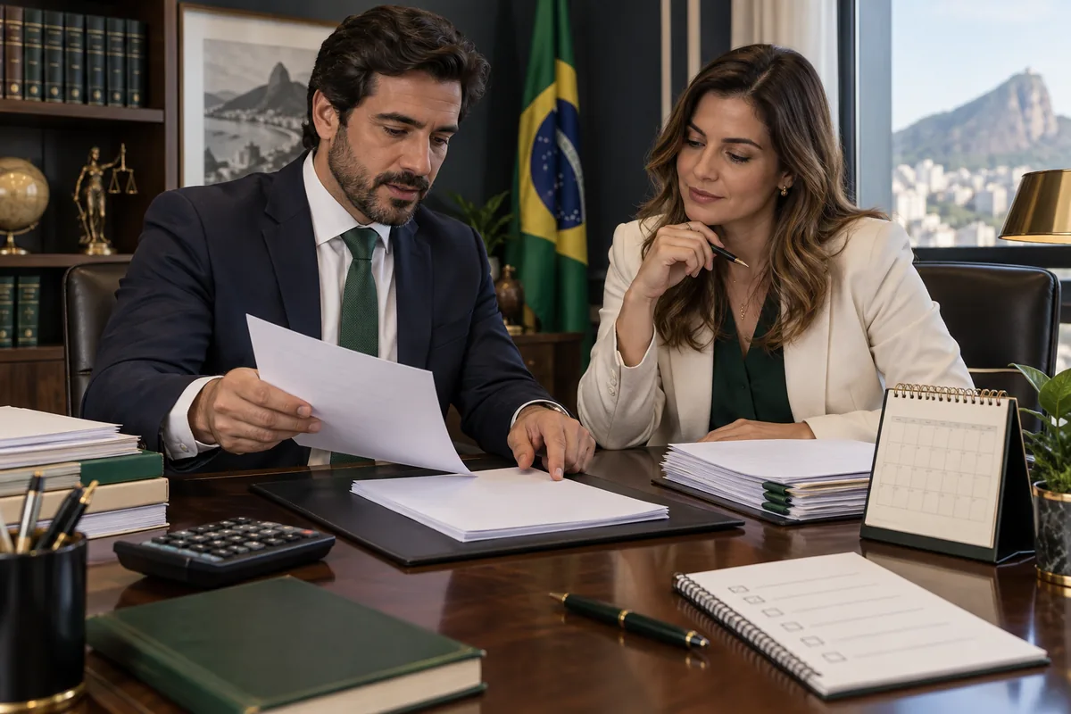 Advogado e cliente organizam documentos e calendário para pedido de revisão tributária
