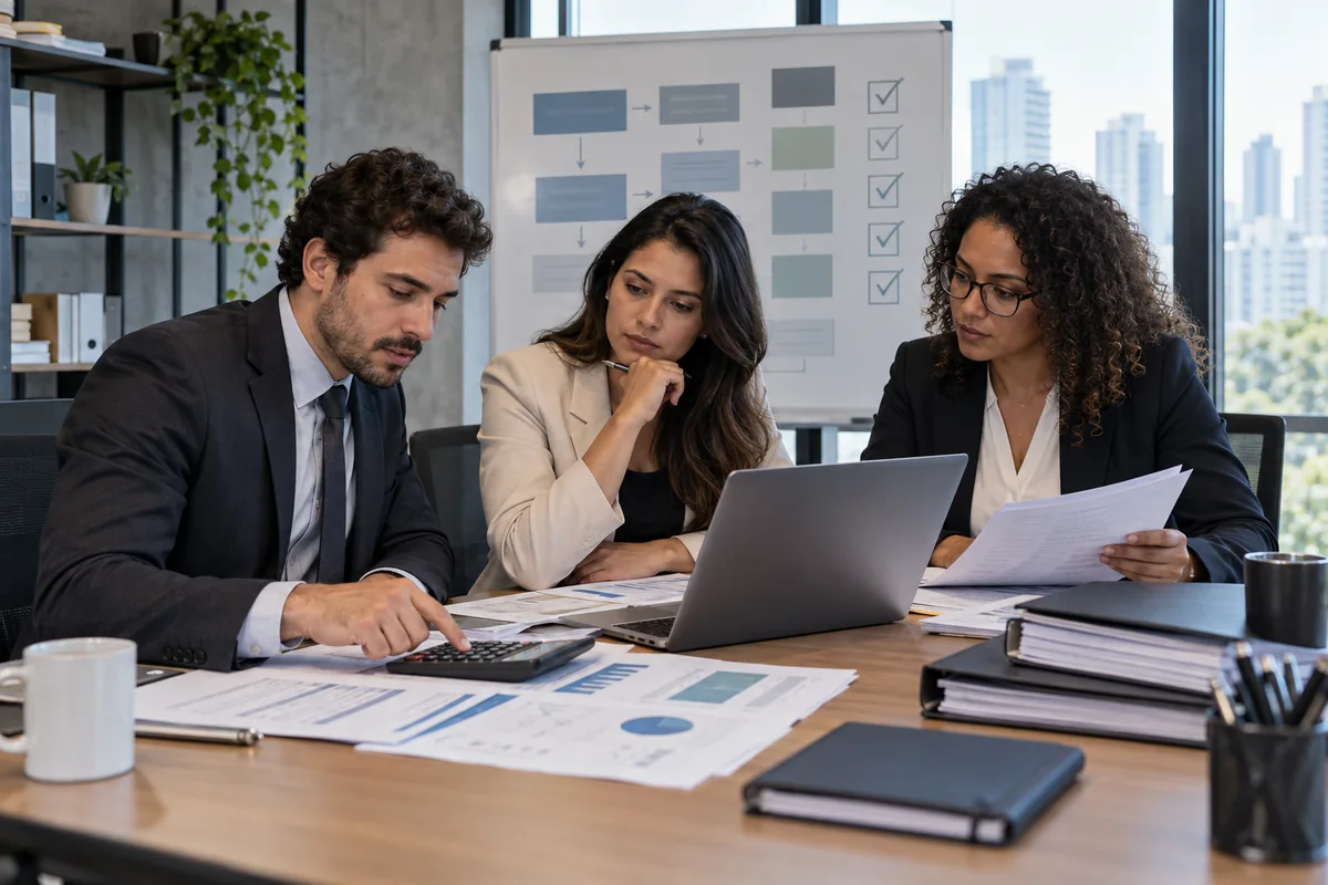 Equipe revisa cálculo e documentos antes da compensação tributária