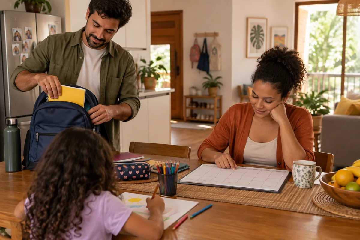 Pai prepara mochila enquanto mãe organiza calendário familiar