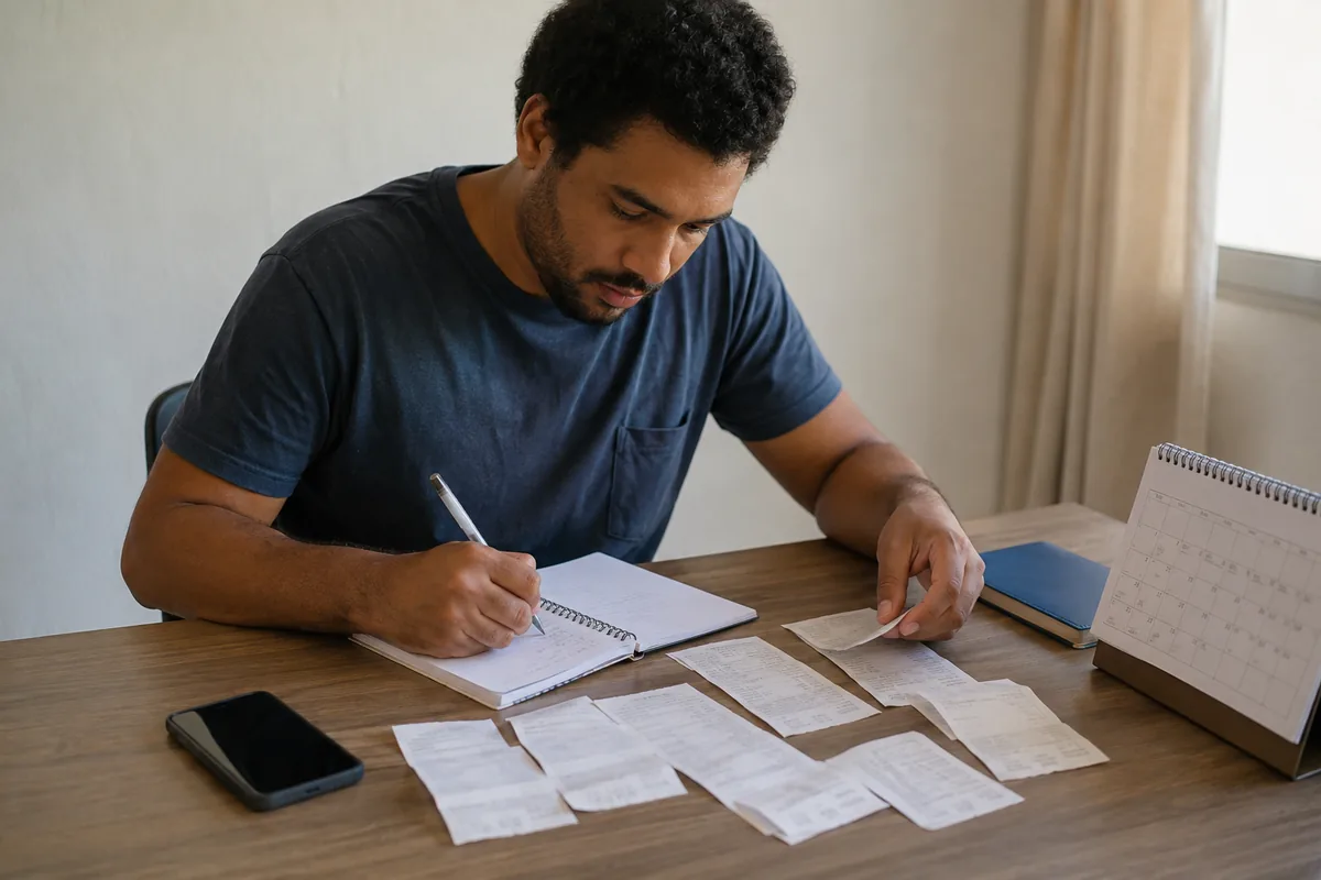 Trabalhador organiza recibos e datas da relação de trabalho
