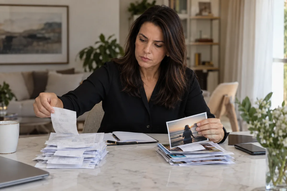 Pessoa separa recibos de registros pessoais para distinguir tipos de dano
