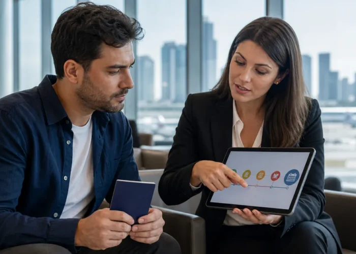 Profissional e advogada conferem linha do tempo de imigração por trabalho