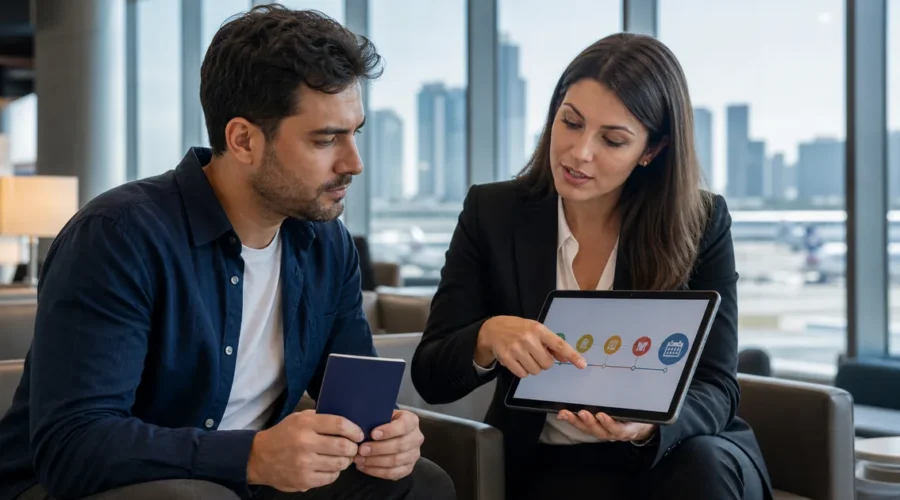 Profissional e advogada conferem linha do tempo de imigração por trabalho