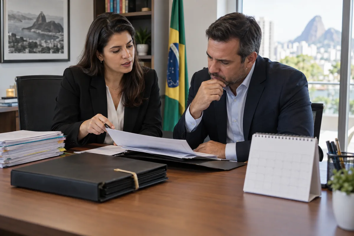 Advogado e cliente analisam processo e calendário para avaliar suspensão de execução fiscal