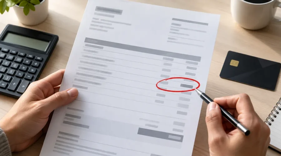Cobrança adicional destacada em fatura ao lado de calculadora e cartão